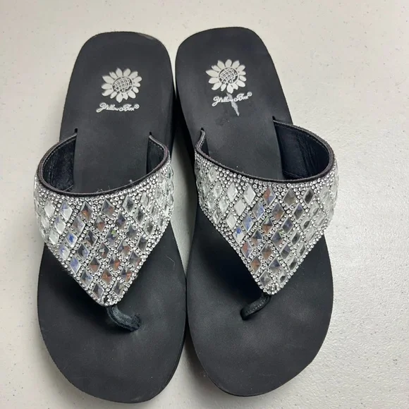 Yellow Box Flip Flops Harlequin Rhinestone Sparkle Perri Wedge Sandals Womens - Picture 4 of 7